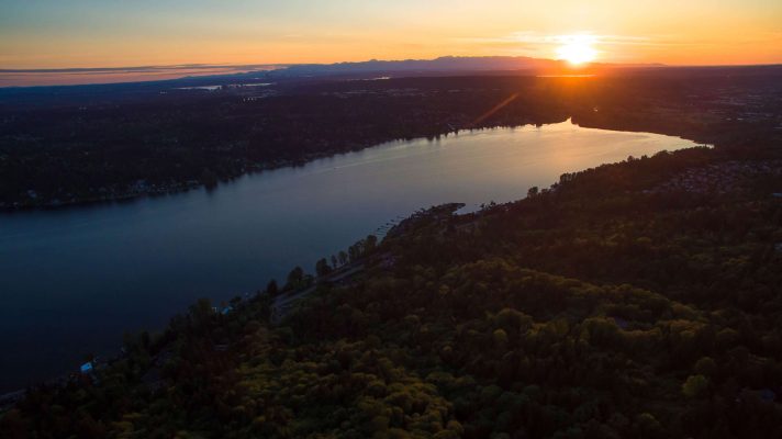 HD Drone captured sunset over Lake Sammamish